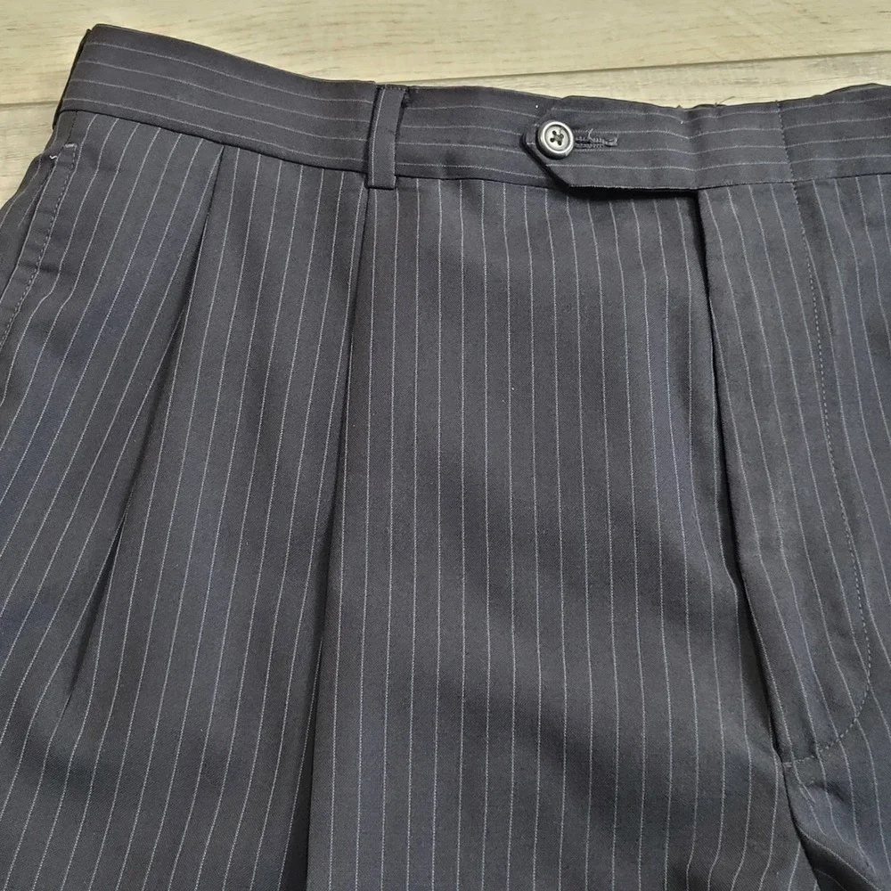 Vintage‎ Lands' End Suit Mens 42R Coat/38x29 Pants 100% Wool Blue w/Pinstripe